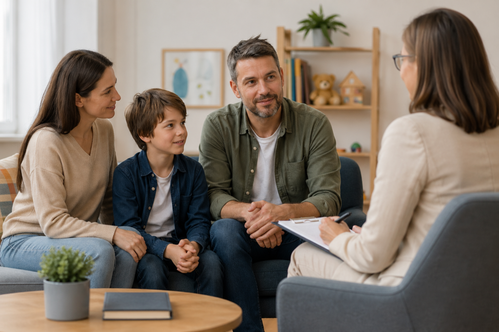 Family attending counselling session with therapist