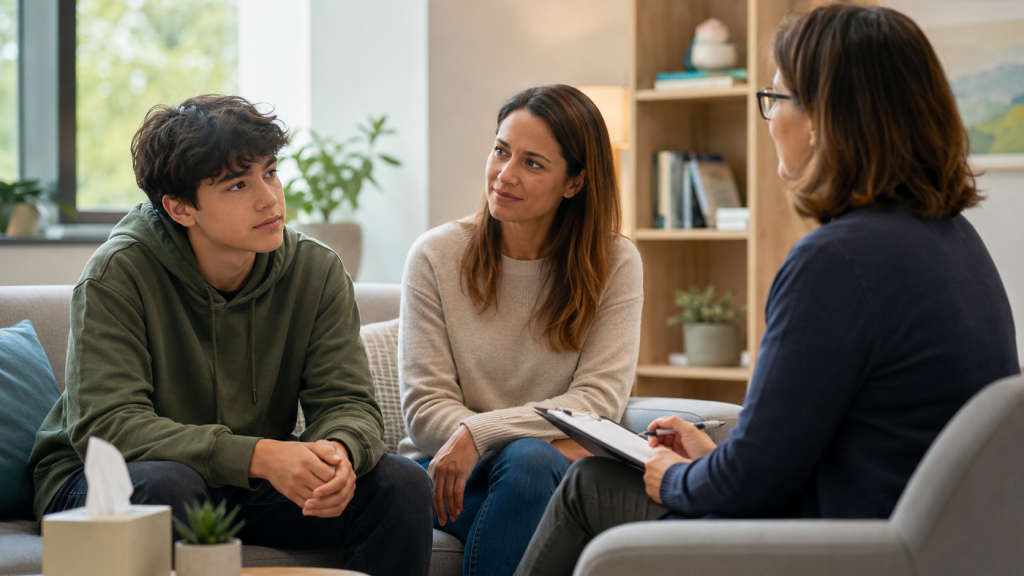 Teenager and parent speaking with a therapist during a counselling session